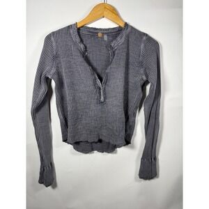 Free People Thermal Henley Long Sleeve Shirt Gray Distressed Raw Hem Women's XS